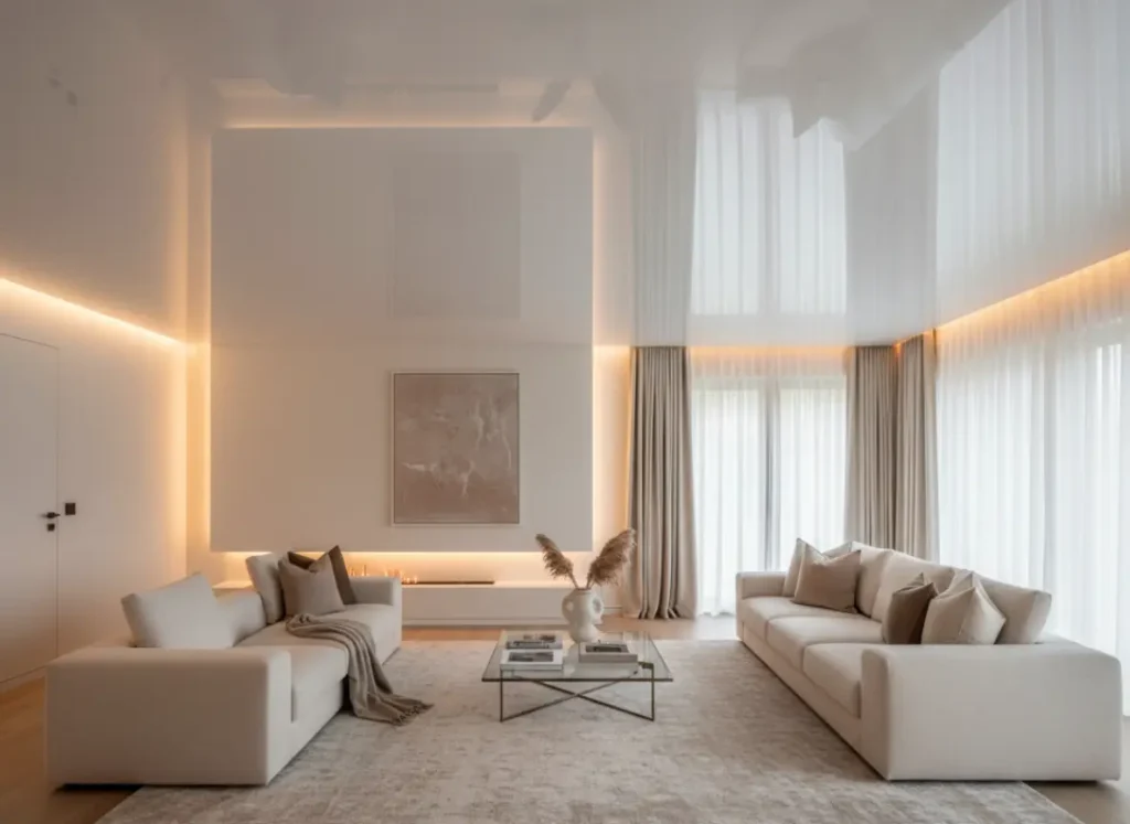 contemporary living room with glossy stretch ceiling